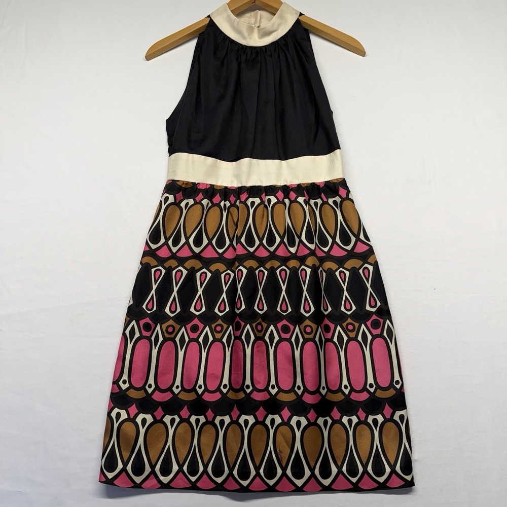 Milly New York Silk Dress Size 0 Geometric Print Sleeveless Halter A-Line USA